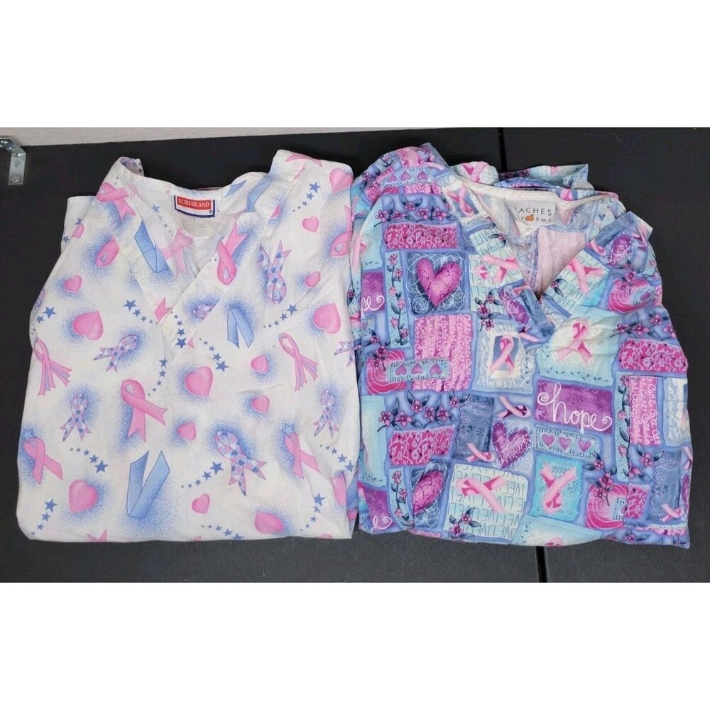 Scrub Tops Womens SZ 2X Breast Cancer Awareness Lot Of 2 Pockets Pink Medical